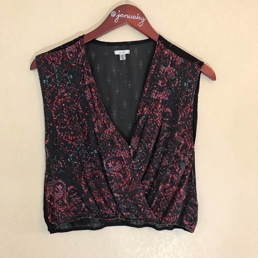 Ecote cropped sleeveless print sheer blouse small